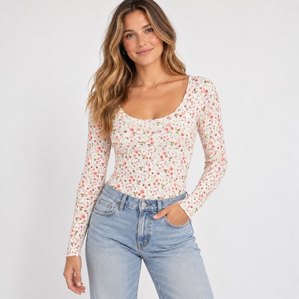 Aerie Long Sleeve Ribbed Scoopneck Floral Henley Bodysuit Size XL